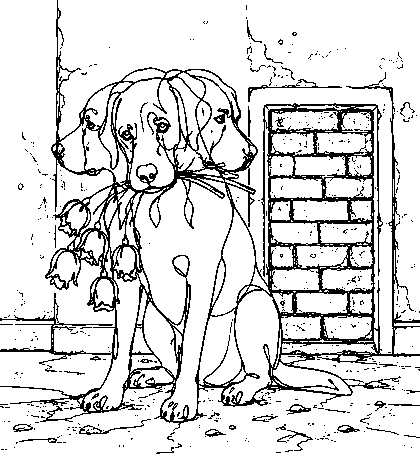 Line drawing of a three-faced dog holding flowers beside a bricked doorway